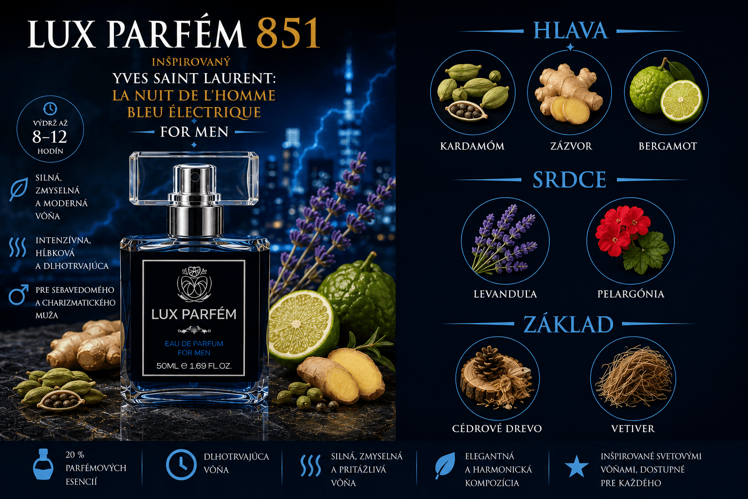 Lux Parfém 851 – Inšpirovaný Yves Saint Laurent: La Nuit de LHomme Bleu Électrique